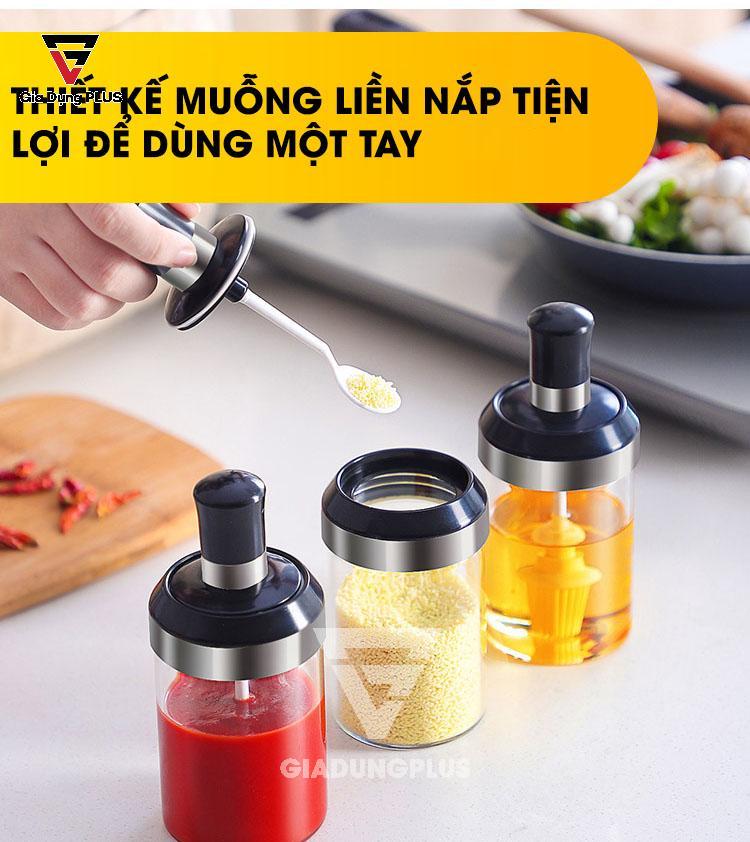 Hũ Đựng Gia Vị Thuỷ Tinh Borosilicate Đa Năng - Dạng Muỗng Nắp Thông Minh - Thiết kế muỗng nắp giúp dùng bằng 1 tay tiện lợi