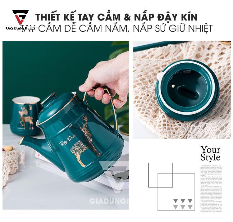 Bộ Ấm Trà Gốm Sứ Sang Trọng Màu Xanh Ngọc Lục Bảo Cao Cấp Qianhuiju | Có tay cầm nắm dễ sử dụng