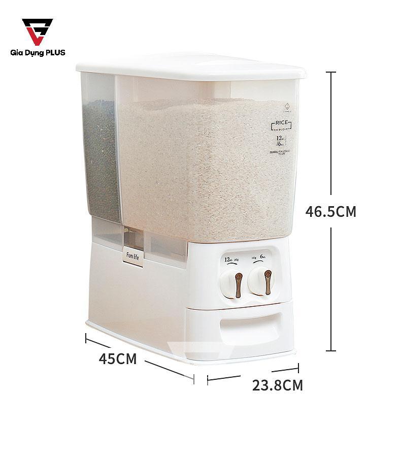Thùng gạo thông minh hai ngăn 18kg Jianxia | Kích thước sản phẩm