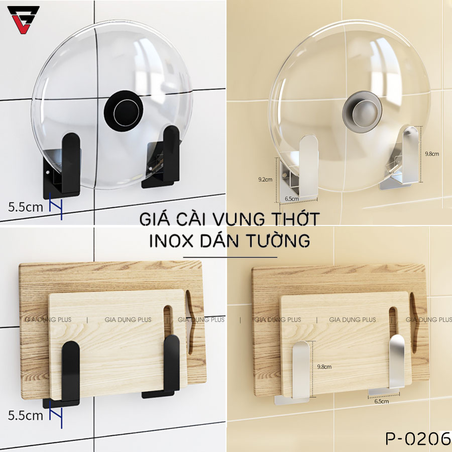 Giá cài thớt, cài vung nồi dán tường inox 304 Gia Dụng Plus - miễn phí keo dán tường siêu chắc, chịu lực Lazydo (LZ-0206) - gia dụng plus