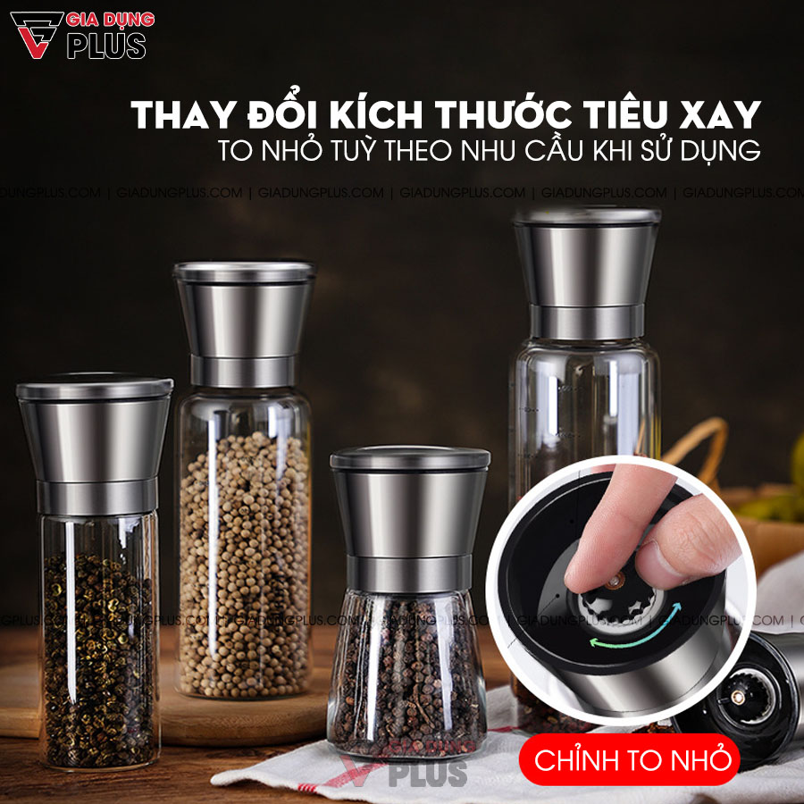 Lọ Xay Tiêu Thủ Công Thuỷ Tinh Borosilicate & Núm Xay Bằng INOX 304 Cao Cấp | KUAKE - gia dụng plus