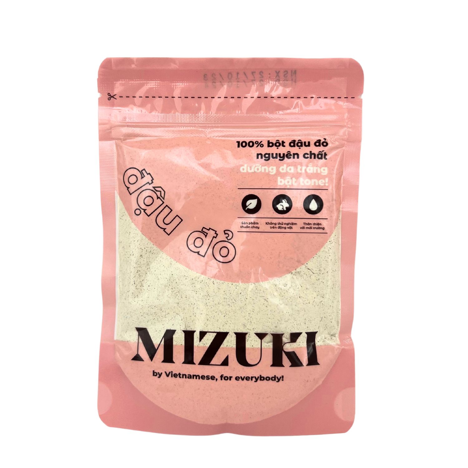 GIỚI THIỆU VỀ SẢN PHẨM:  Bột đậu đỏ Mizuki thành phần từ hạt đậu đỏ thượng hạng thuần chay, lành tính, được xay mịn, ray lọc kỹ lưỡng đạt đến độ tinh khiết cao. Mặt nạ bột đậu đỏ giúp dưỡng trắng da, chống oxy hoá, mờ thâm sạm dùng thường xuyên sẽ mang lại cho bạn 1 làn da sáng mịn và thông thoáng.  ĐẶC ĐIỂM NỔI BẬT:  • 100% bột đậu đỏ nguyên chất lành tính.  • Mùi thơm tự nhiên dịu nhẹ, không chất bảo quản.  • Sử dụng tại nhà dễ dàng.  • Sản phẩm chính hãng có mã vạch.  • Chi phí phù hợp với người tiêu dùng.    THÀNH PHẦN:  100% hạt đậu đỏ nguyên chất, trong đó gồm có:  - Vitamin A - C - E  - Folid Acid (Vitamin B9)  - Thiamine (Vitamin B1)  CÔNG DỤNG:  - Dưỡng da trắng hồng, đồng đều màu da, làm dịu da, ngăn sạm da.  - Tẩy tế bào chết cho da, sử dụng thường xuyên da sẽ mềm mượt bất ngờ.  - Trong thành phần bột đậu đỏ có chứa nhiều vitamin B1, B6 chống oxy hóa mạnh mẽ, giúp trẻ hóa và tăng sức đề kháng cho da, đồng thời ức chế hắc sắc tố melanin, dưỡng sáng, nâng tone da hiệu quả.  - Vitamin A, C, E hỗ trợ sản sinh collagen tăng độ đàn hồi cho da, đồng thời ngăn chặn quá trình lão hóa da, làm mờ các nếp nhăn trên da.    HƯỚNG DẪN SỬ DỤNG :  1. Rửa mặt: Làm ướt mặt, dùng một ít bột đỏ pha thêm chút nước, thoa nhẹ nhàng lên da, rửa lại với nước ấm, lau khô. Chỉ áp dụng một tuần 2 lần để tránh làm mỏng da, khiến da bị tổn thương.  2. Mặt nạ dưỡng da: Pha 1 thìa bột đậu đỏ với sữa chua/ mật ong nguyên chất hoặc sữa tươi không đường, trộn đều hỗn hợp lại với nhau. Sau 15-20 phút lưu lại trên da hãy làm sạch với nước lạnh. Bạn sẽ thấy ngạc nhiên khi da căng bóng, nếp nhăn sẽ đỡ hằn sâu hơn rất nhiều.  3. Mặt nạ dưỡng trắng, căng da mặt: Trộn đều 1 thìa bột đậu đỏ với lòng đỏ trứng gà và mật ong nguyên chất, đắp hỗn hợp lên da 15p, sau đó rửa sạch.  4. Tắm, dưỡng trắng body: Sử dụng ½ chén bột đậu đỏ. Cho sữa tươi vào, trộn đều. Làm ướt cơ thể, massage hỗn hợp trên lên da, nhẹ nhàng theo chuyển động tròn, chú ý những vùng da sậm màu trong khoảng 10 phút rồi tắm lại với nước ấm. Sử dụng kem dưỡng ngay sau khi tắm để có kết quả tốt nhất.  HƯỚNG DẪN BẢO QUẢN:  Để sản phẩm ở nhiệt độ phòng nơi khô ráo, hoặc nhiệt độ mát 4-8 độ C (Ngăn mát tủ lạnh)  Sau khi mở bao bì 1 tháng nếu bảo quản ở nhiệt độ phòng hoặc 5-7 tháng nếu bảo quản trong tủ lạnh.  LƯU Ý:  ❌ Ngưng sử dụng nếu thấy bất kì sự thay đổi nào về mùi và màu sắc của sản phẩm.  ❌ Ngưng sử dụng nếu bị kích ứng da hoặc không hợp với tính chất của sản phẩm hoặc mọi trường hợp như ngứa, rát, mẩn đỏ. Cần nhờ đến tư vấn của bác sĩ kỹ trước khi dùng.  ❌ Không để mặt nạ khô mới rửa mặt, vì khi đó mặt nạ sẽ hút ngược lại dưỡng chất của da.  ❌ Thử trên góc mặt để kiểm tra xem cơ địa có dị ứng với thành phần của sản phẩm không.  *Sản phẩm bột thiên nhiên là nguyên chất 100% an toàn, không pha trộn chất tạo màu, không chất tạo mùi.