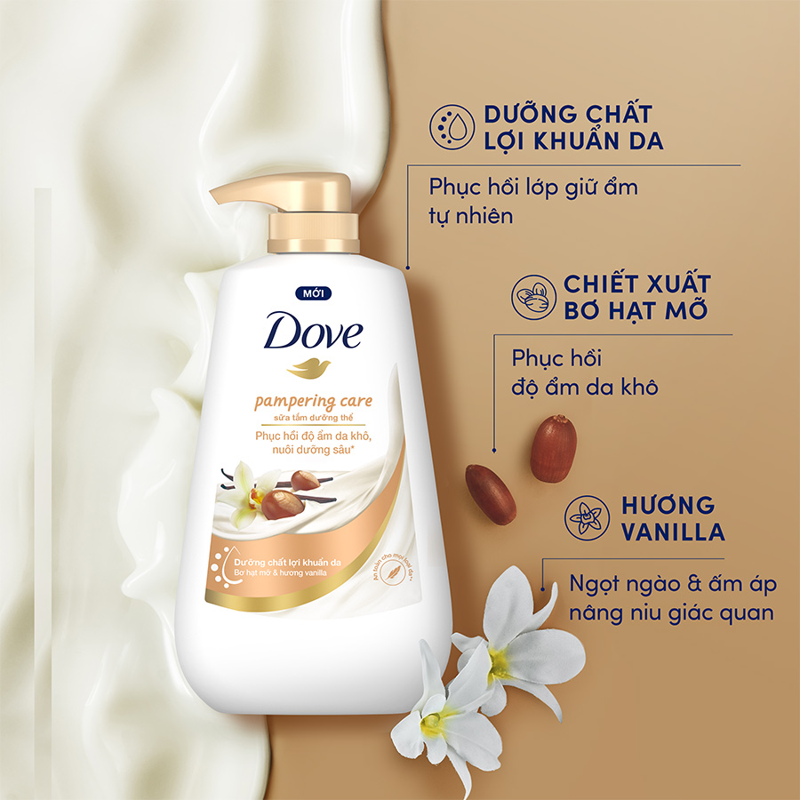 Sữa Tắm Dưỡng Thể Phục Hồi Độ Ẩm Da Dove Pampering Care 500g - Bơ Hạt Mỡ & Hương Vanilla
