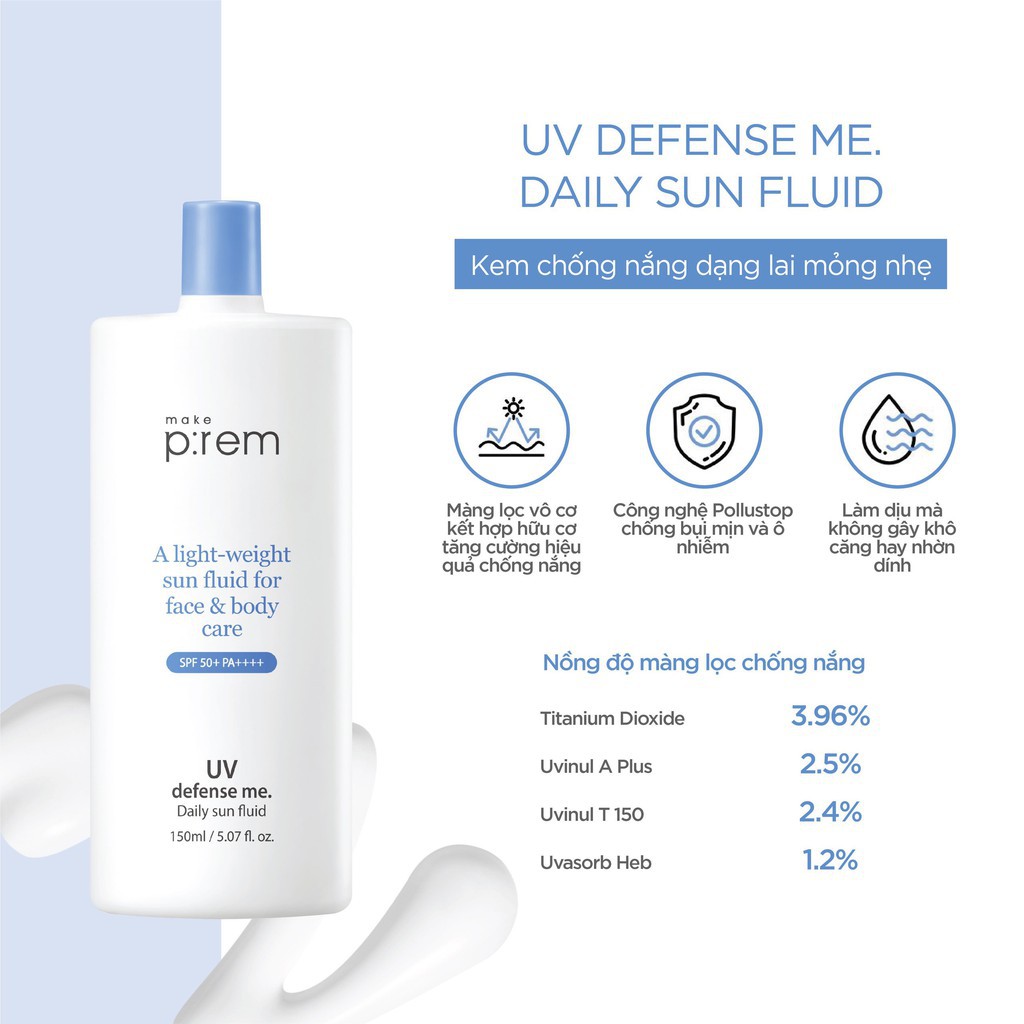 Kem Chống Nắng Toàn Thân Dịu Nhẹ Make P:rem UV Defense Me Daily Sun Fluid Sun SPF50 150ml
