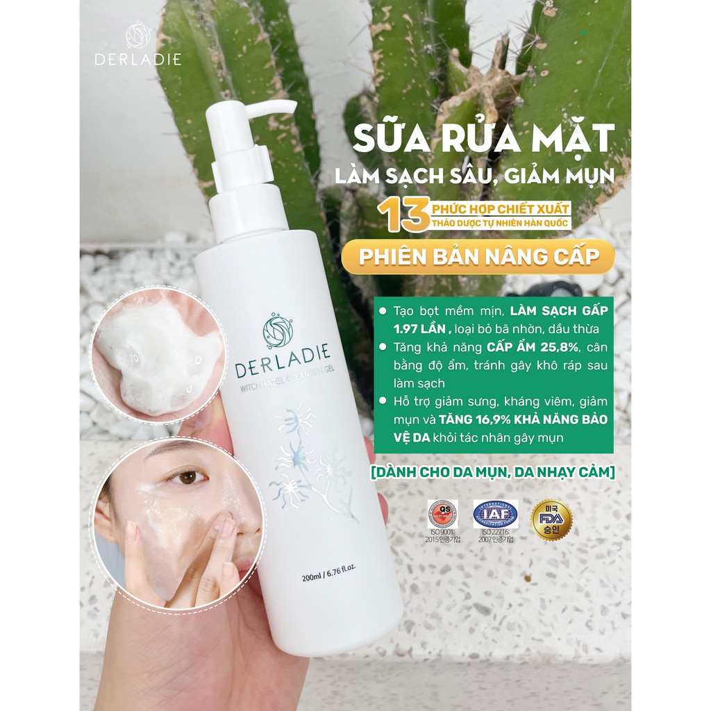 Gel Rửa Mặt Ngừa Mụn Derladie Witch Hazel Cleansing Gel 200ml (Mẫu Mới 2021)
