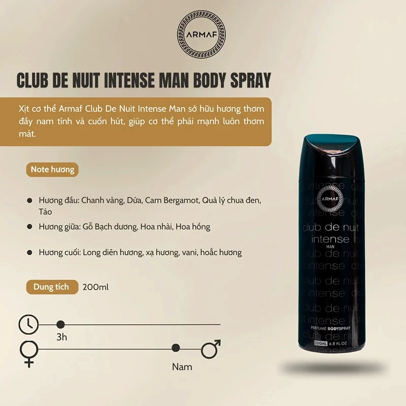 Xịt Thơm Body Nam Armaf Club De Nuit Intense Man Perfume 200ml
