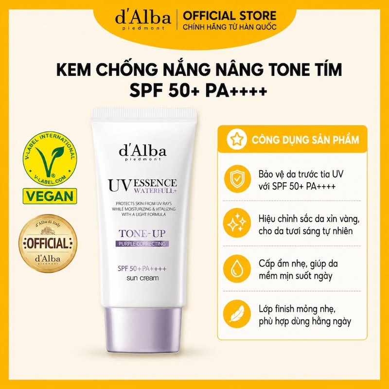 Kem Chống Nắng D'Alba UV Essence Waterfull+ Tone Up Purple Correcting SPF50+ 50ml (Nhập Khẩu)