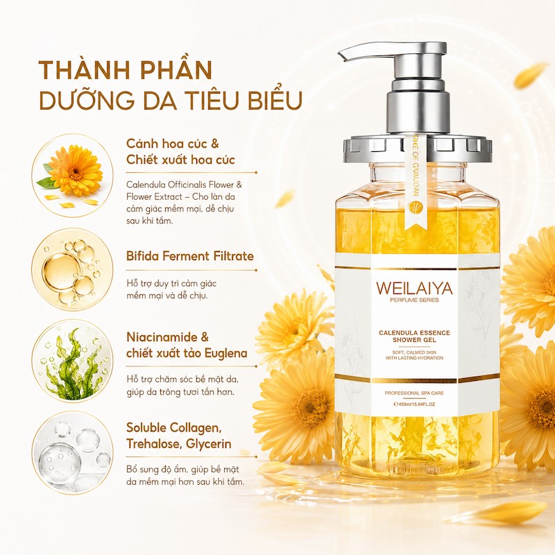 Sữa Tắm Trắng Da Hoa Cúc Weilaiya Calendula Skin Beautifying Essence Shower Gel