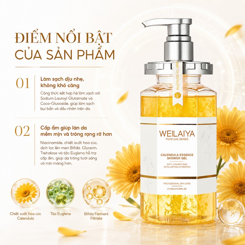 Sữa Tắm Trắng Da Hoa Cúc Weilaiya Calendula Skin Beautifying Essence Shower Gel