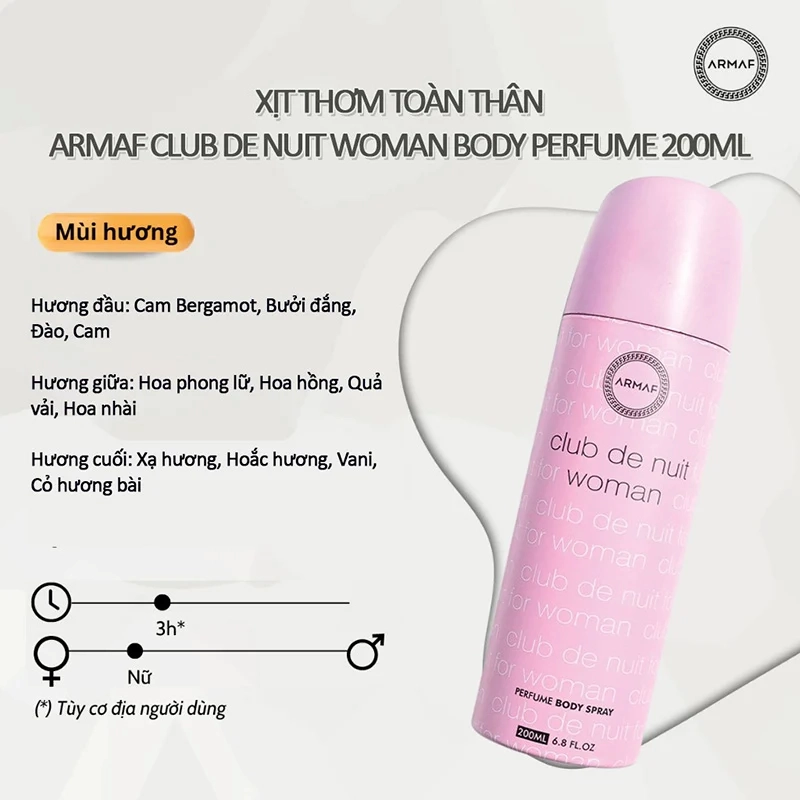 Xịt Thơm Body Nữ Armaf Club De Nuit Woman Perfume Body Spay 200ml
