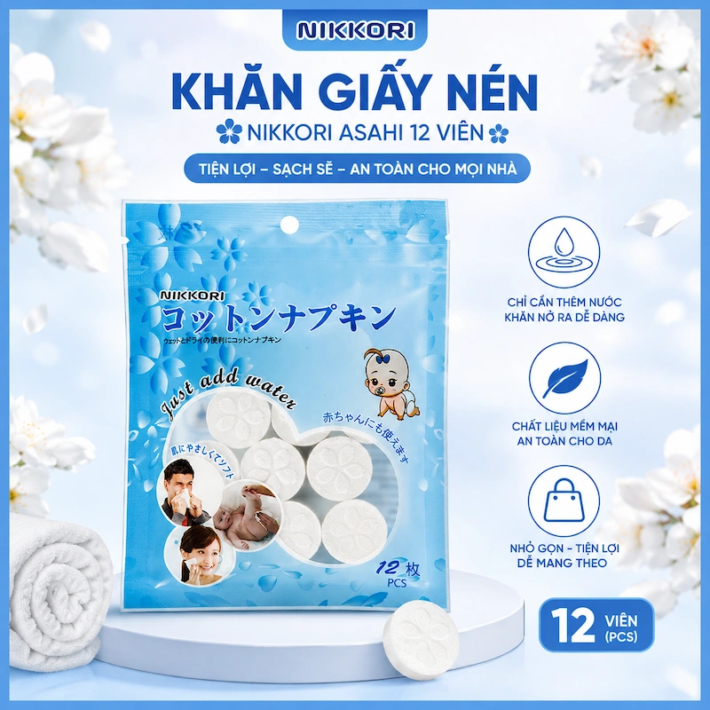 Khăn Giấy Nén Nikkori Asahi 12 Viên