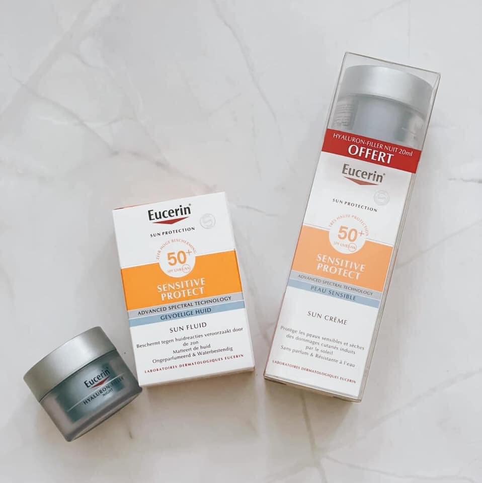 Set Kem Chống Nắng Eucerin Sensitive Protect Sun Fluid 50ml + Kem Dưỡng Eucerin Hyaluron-Filler Night 20ml