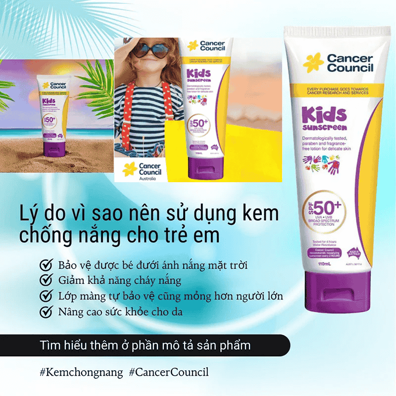 Kem Chống Nắng Cho Trẻ Em Cancer Council Kids Sunscreen SPF50+ 110ml