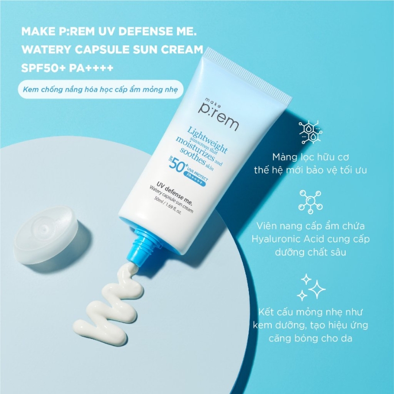 Kem Chống Nắng Hóa Học Make P:rem UV Defense Me Watery Capsule Sun Cream SPF50+ 50ml (Nhập Khẩu)