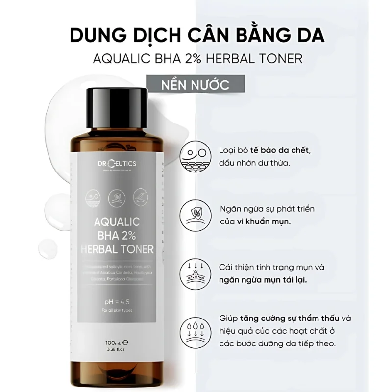 Nước Hoa Hồng Hỗ Trợ Loại Bỏ Tế Bào Chết DrCeutics Aqualic BHA 2% Herbal Toner 100ml