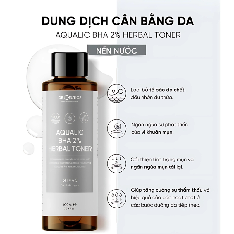 Nước Hoa Hồng Hỗ Trợ Loại Bỏ Tế Bào Chết DrCeutics Aqualic BHA 2% Herbal Toner 100ml