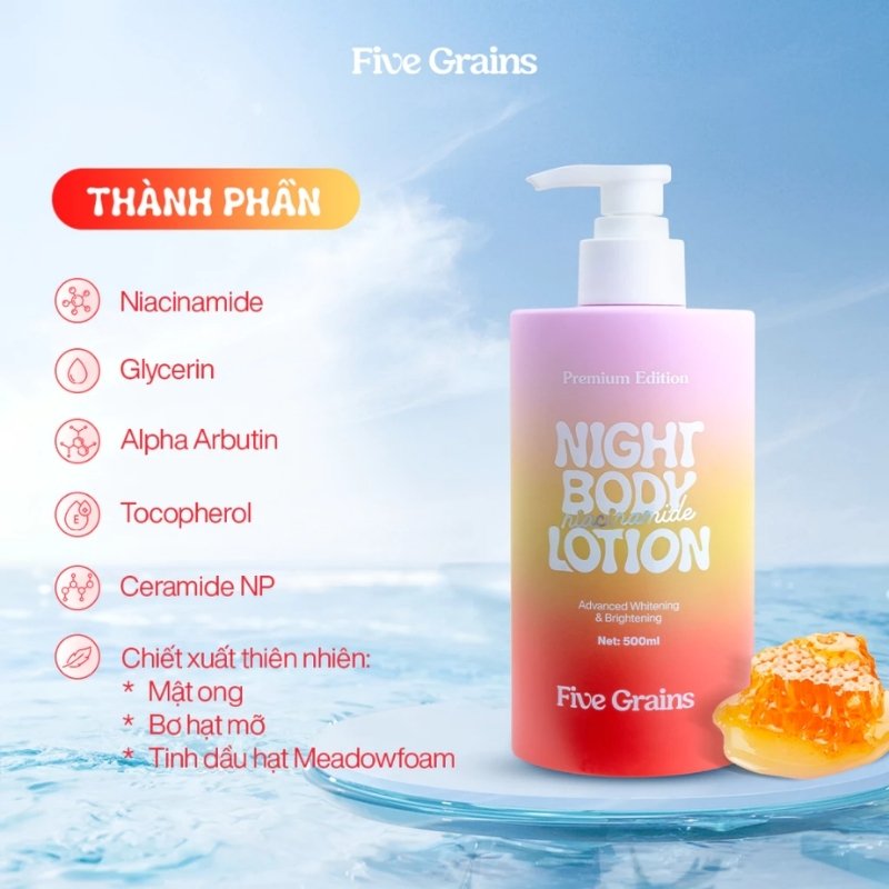 Sữa Dưỡng Thể Sáng Da Cấp Ẩm Ban Đêm Five Grains Niacinamide Night Body Lotion 500ml (Premium Edition)
