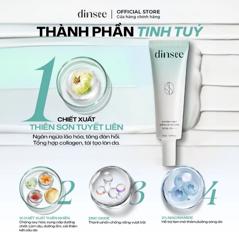 Kem Chống Nắng Vật Lý Thuần Chay Cho Da Nhạy Cảm Dinsee Premium Vegan Mild Moist Sunscreen SPF50+ 50ml
