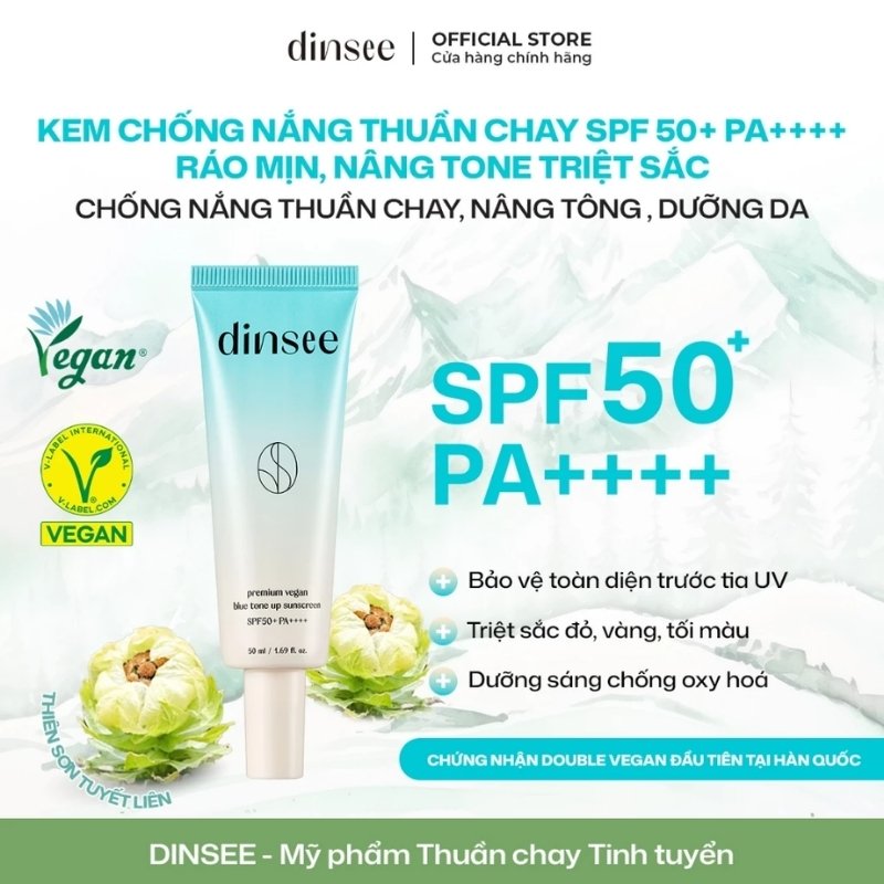 Kem Chống Nắng Dinsee Premium Vegan Blue Tone Up Sunscreen SPF50+ 50ml
