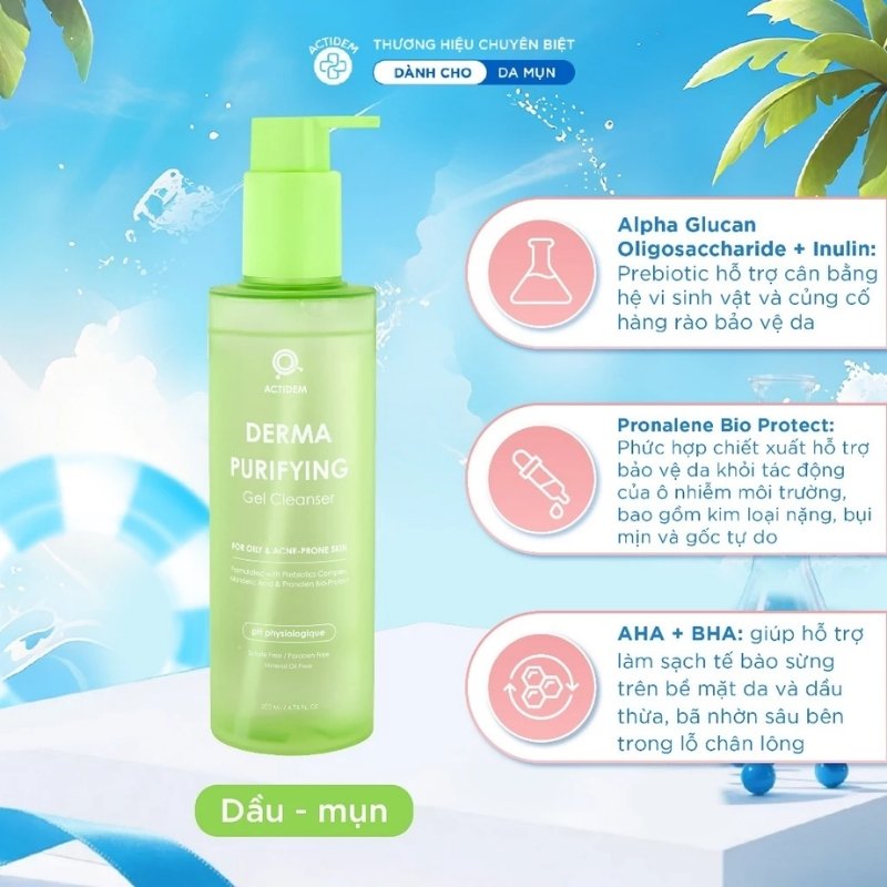 Gel Rửa Mặt Cho Da Dầu Mụn Actidem Derma Purifying Gel Cleanser 200ml (Mẫu Mới)