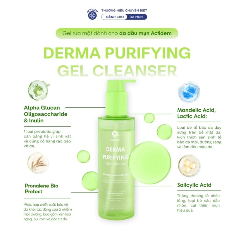 Gel Rửa Mặt Cho Da Dầu Mụn Actidem Derma Purifying Gel Cleanser 200ml (Mẫu Mới)