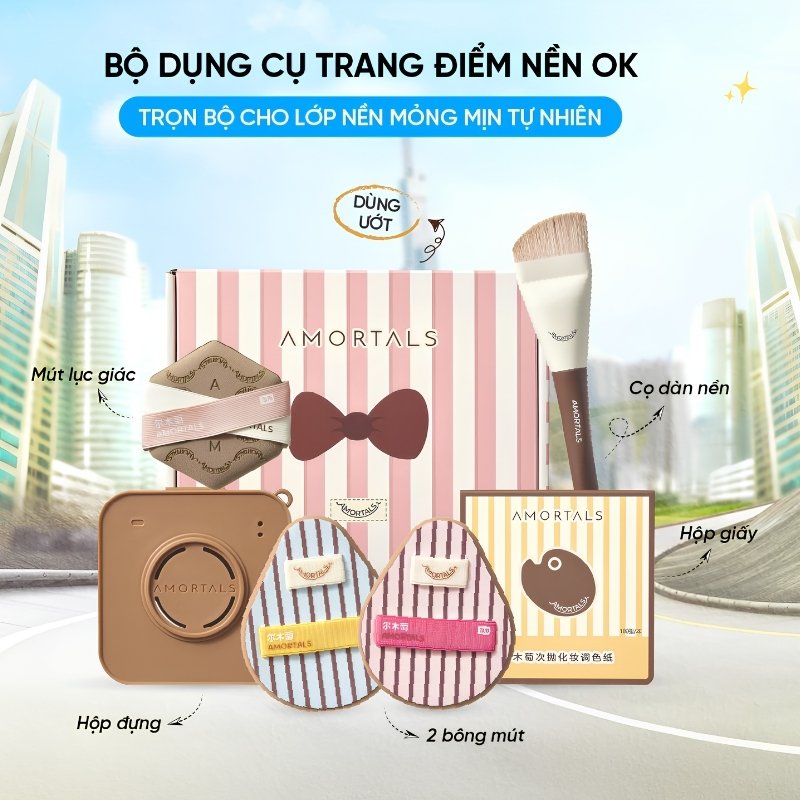 Bộ 6 Dụng Cụ Trang Điểm Amortals Ok Base Makeup Tools (3 Bông Mút + Cọ Tán Nền Tiên Cá + Giấy Pha Nền + Hộp Đựng)