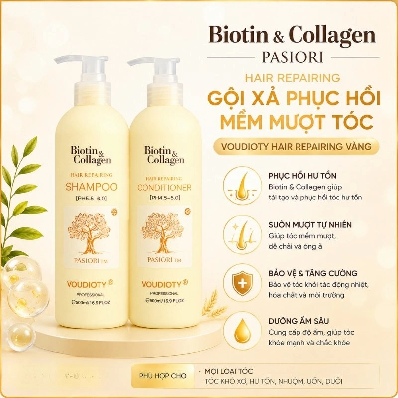 Cặp Gội Xả Biotin & Collagen Pasiori Phục Hồi Mềm Mượt Tóc Voudioty Hair Repairing Vàng 2021