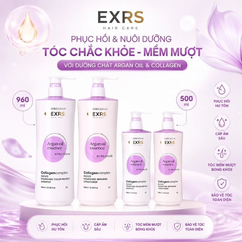 Bộ Gội Xả Olexrs Argan Oil Essence Collagen Complex Phục Hồi, Giữ Màu Tóc 2024 (Tím)
