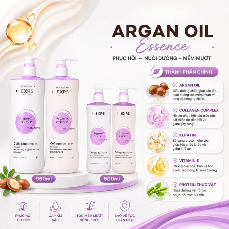 Bộ Gội Xả Olexrs Argan Oil Essence Collagen Complex Phục Hồi, Giữ Màu Tóc 2024 (Tím)