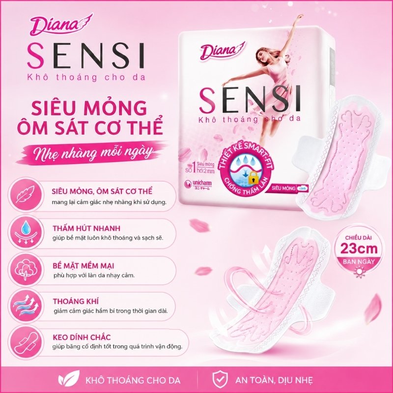 Băng Vệ Sinh Diana Sensi Siêu Mỏng Khô Thoáng Cho Da 23cm (Ban Ngày)