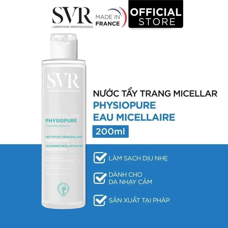 Nước Tẩy Trang SVR Micellar Dành Cho Da Nhạy Cảm Physiopure Eau Micellaire 200ml (Nhập Khẩu) (Mẫu Mới)