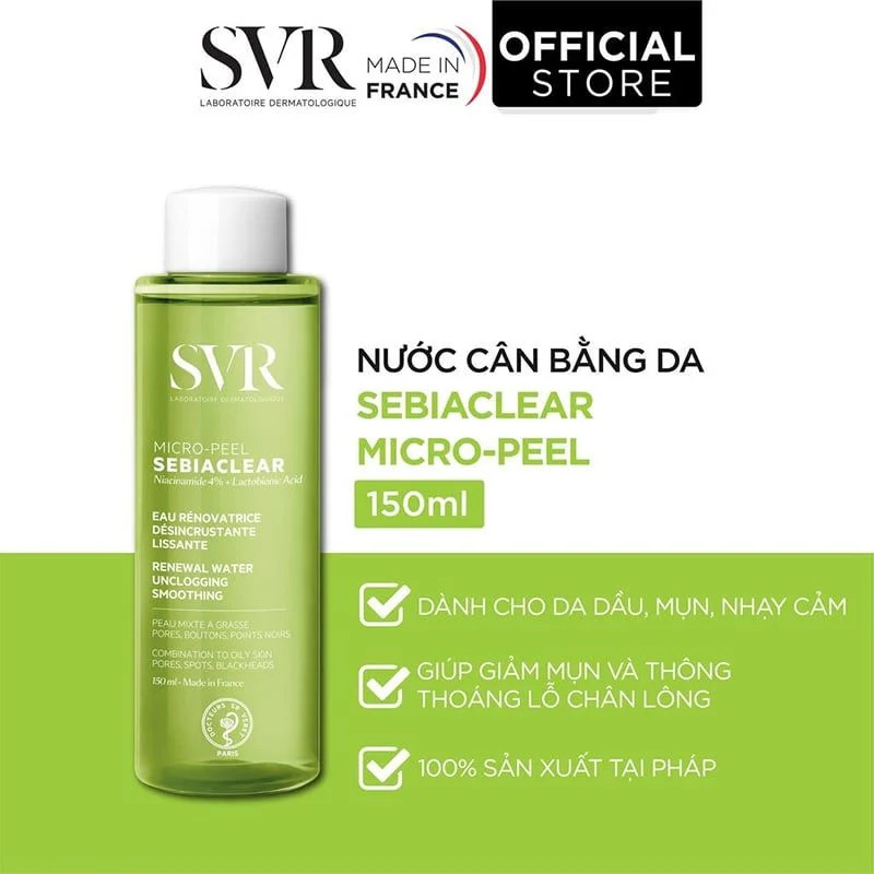 Chi tiết sản phẩm Nước Hoa Hồng DNước Hoa Hồng Làm Giảm Mụn SVR Sebiaclear Micro Peel 150ml (Nội Địa)ành Cho Da Dầu Mụn SVR Sebiaclear Micro Peel là dòng nước hoa hồng thuộc thương hiệu dược mỹ phẩm SVR đến từ Pháp. Là sản phẩm thuộc dòng Sebiaclear với thành phần chứa BHA, PHA và Niacinamide hỗ trợ về dầu thừa, tăng cường khả năng làm sạch và giải quyết vấn đề lỗ chân lông to.  Nước Hoa Hồng Dành Cho Da Dầu Mụn SVR Sebiaclear Micro Peel 150ml  ***Thế giới Skinfood là đại lý phân phối chính thức thương hiệu SVR tại Việt Nam  Nước Hoa Hồng Dành Cho Da Dầu Mụn SVR Sebiaclear Micro Peel 150ml  • Đặc trưng:  - Nước Hoa Hồng Dành Cho Da Dầu Mụn SVR Sebiaclear Micro Peel hiện đã có mặt tại Thế Giới Skinfood là sản phẩm giúp cân bằng, làm sạch da và thông thoáng lỗ chân lông, công thức với 90% thành phần hoạt chất giúp đạt được hiệu quả tối đa hỗ trợ thanh lọc và tẩy tế bào chết trên bề mặt da phù hợp với da thường đến dầu, đặc biệt là da có vấn đề về lỗ chân lông.  - Bộ đôi Axit: Axit Lactobionic, một Polyhydroxyalkanoate = PHA thế hệ mới, hiệu quả như AHA nhưng cho độ dung nạp tốt hơn, những phân tử của nhóm PHA có kết cấu lớn hơn AHA và BHA, giúp cho acid khó thấm sâu xuống bề mặt da, khó làm tổn thương các tầng phía dưới. Kết hợp với Salycilic acid, combo này sẽ cải thiện tình trạng da và làm mịn kết cấu da, giúp giảm tác nhân gây mụn và hạn chế sự xuất hiện của các vết thâm mới.  - Chứa Niacinamide 4% giúp làm dịu và giảm sưng, giúp thúc đẩy quá trình làm giảm mụn nhanh và hiệu quả.  - Chứa Zinc 1%, thanh lọc da, tăng cường kiểm soát dầu thừa ngay lập tức và hiệu quả lâu dài.  - Công thức sản phẩm không gây bít tắc lỗ chân lông, không làm cay mắt, pH phù hợp.  - HIệu quả sản phẩm đã được chứng minh dưới sự kiểm soát da liễu.  - Kết cấu dạng nước lỏng, không màu, mùi hương nhẹ nhàng đặc trưng của dòng Sebiaclear không gây khó chịu khi sử dụng. Tinh chất thẩm thấu nhanh này nhanh chóng thấm vào da giúp da sạch sẽ tức thì.  • Đối tượng khuyên dùng:  - Dành cho da dầu, hỗn hợp thiên dầu, da mụn  - Dành cho làn da gặp tình trạng bí tắc lỗ chân lông  - Dành cho làn da có tuyến nhòn hoạt động quá độ  • Hướng dẫn sử dụng: Lấy sản phẩm lên bông tẩy trang rồi lau toàn mặt, tập trung thoa kĩ vào những phần da đang có khuyết điểm. Sử dụng đều đặn 2 lần sáng và tối, sau khi rửa mặt với sửa rửa mặt. Có thể lấy sản phẩm trực tiếp ra lòng bàn tay và áp trực tiếp lên da.  Nước Hoa Hồng Dành Cho Da Dầu Mụn SVR Sebiaclear Micro Peel 150ml     Nước Hoa Hồng Dành Cho Da Dầu Mụn SVR Sebiaclear Micro Peel 150ml  Nước Hoa Hồng Dành Cho Da Dầu Mụn SVR Sebiaclear Micro Peel 150ml  • Thương hiệu: SVR  Với sứ mệnh "Để cả mọi người có thể trải nghiệm niềm vui khi chủ động chăm sóc bản thân, làn da và ngoại hình của họ, đồng thời cảm thấy tự tin để có thể đối mặt với thế giới cùng sự lạc quan và vẻ đẹp tự nhiên của họ". Phòng thí nghiệm SVR là một công ty độc lập của Pháp có trụ sở ở ngay phía nam Paris. Trong 50 năm, SVR đã phát triển và sản xuất các sản phẩm chăm sóc da bằng mỹ phẩm cải tiến được các chuyên gia y tế khuyên dùng và được bán tại các hiệu thuốc và cửa hàng thuốc ở hơn 50 quốc gia.  Điểu đặc biệt nhất đó là 100% sản phẩm của SVR đều được thử nghiệm lâm sàng trên cả những làn da nhạy cảm để cho thấy rằng các sản phẩm của SVR hoàn toàn an toàn và lành tính đối với làn da.  • Xuất xứ thương hiệu: Pháp  • Sản xuất tại: Pháp  • Dung tích: 150ml  • Hạn sử dụng: 3 năm kể từ ngày sản xuất/NSX xem trên bao bì sản phẩm  ***Tác dụng của sản phẩm sẽ khác nhau tùy vào cơ địa của mỗi người. Với làn da nhạy cảm bạn nên thử sản phẩm ở một vùng nhỏ trước khi sử dụng.