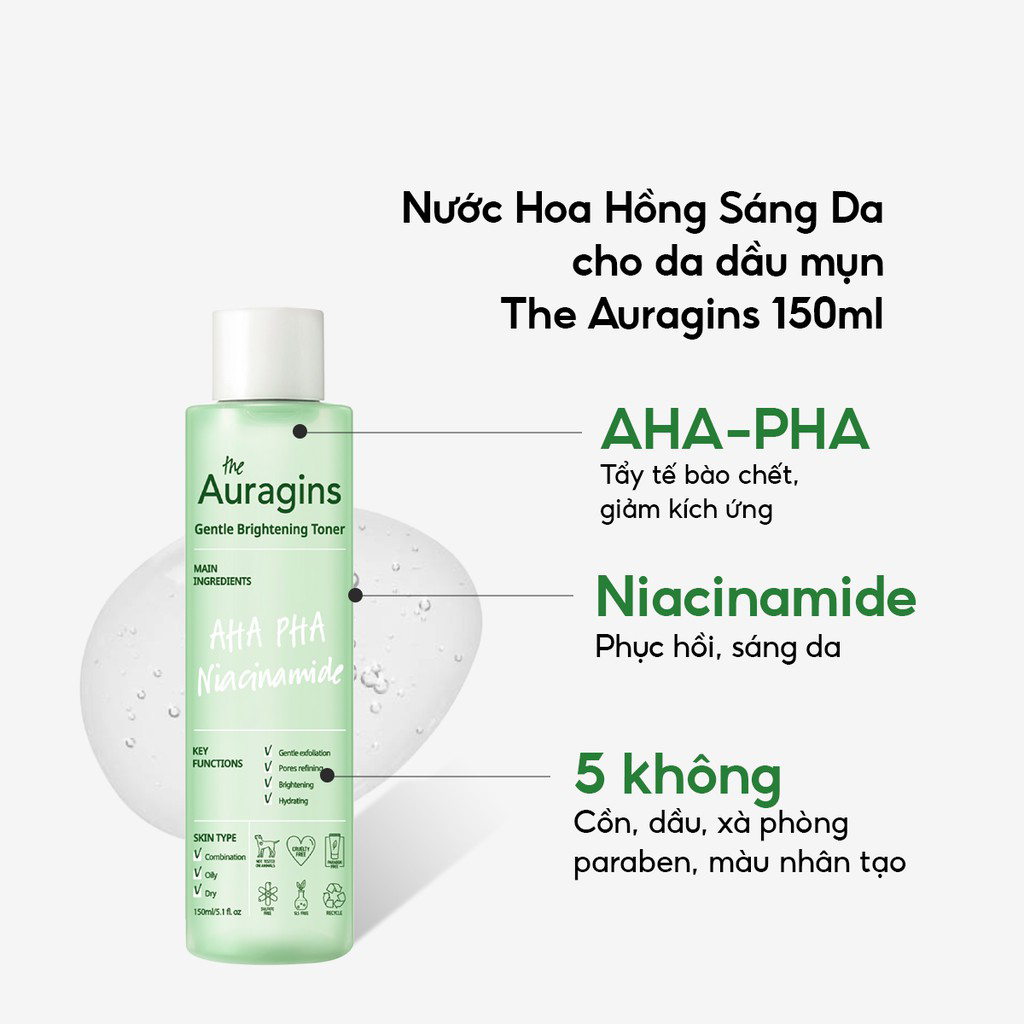 Nước Hoa Hồng The Auragins Sáng Da Ngừa Mụn AHA PHA Niacinamide Gentle Brightening Toner 150ml