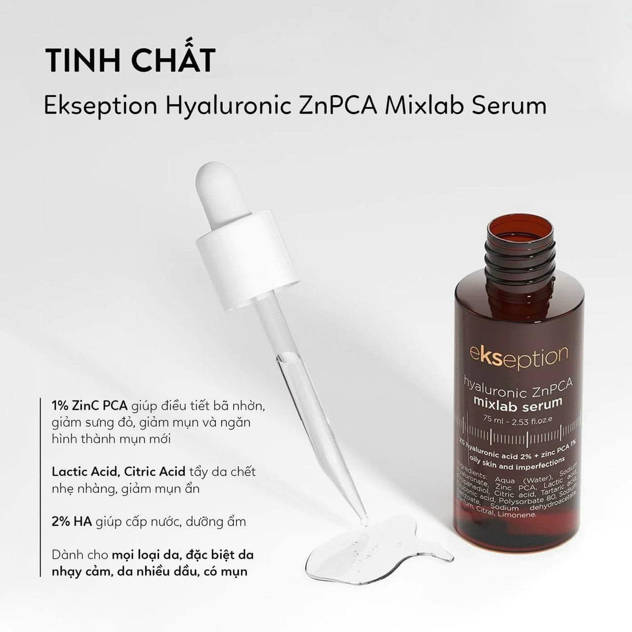 Tinh Chất Giúp Giảm Mụn,Giảm Dầu Nhờn Cho Da Ekseption Hyaluronic ZnPCA Mixlab 75ml