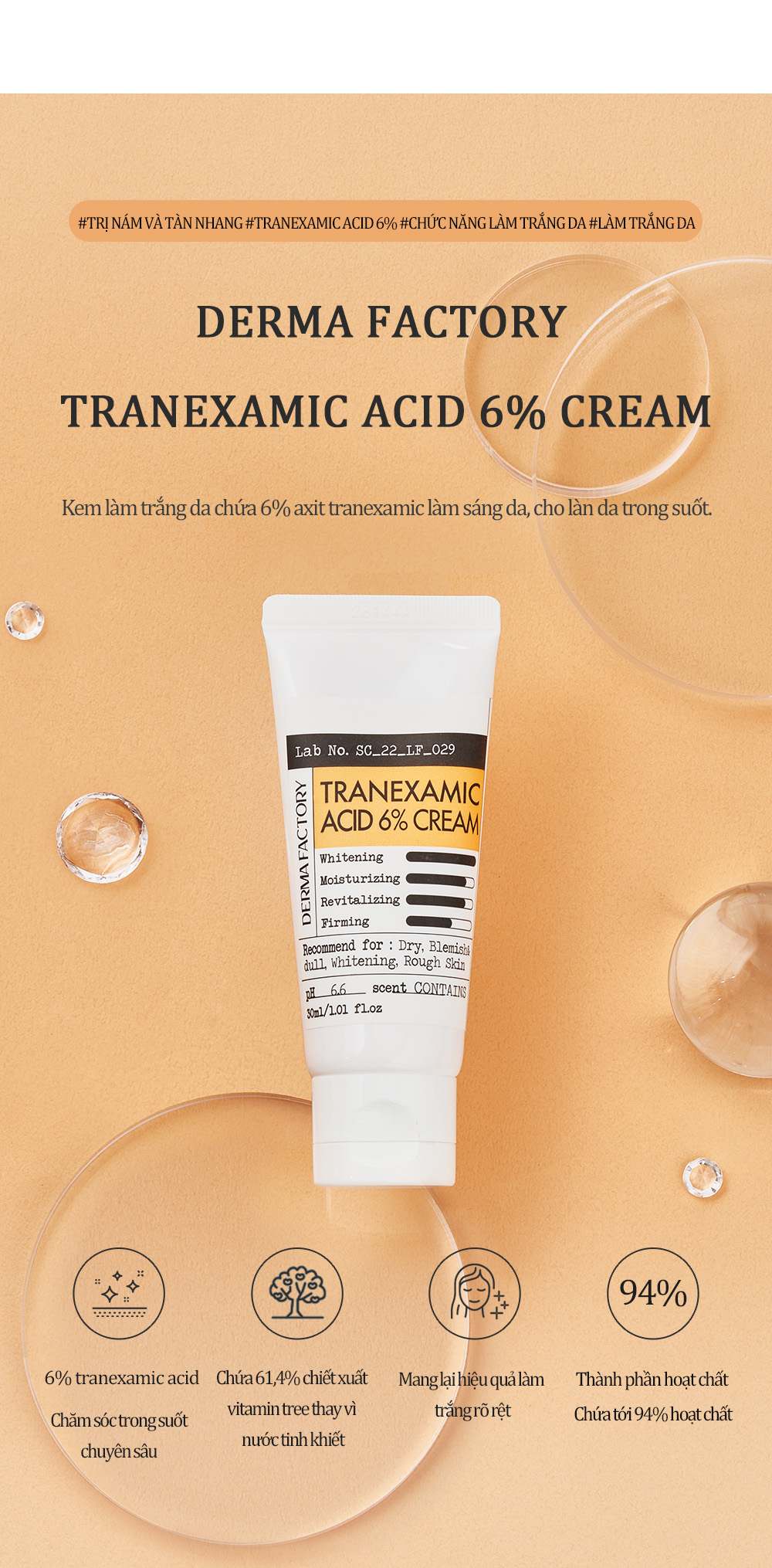Kem Dưỡng Mờ Nám Derma Factory Tranexamic Acid 6% Cream 30ml