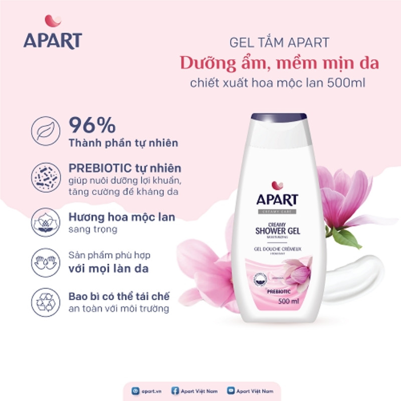 Gel Tắm Dưỡng Ẩm Mềm Mịn Apart Creamy Shower Gel 500ml (Hương Mộc Lan)