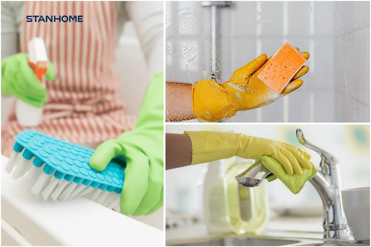 Nên sử dụng bàn chải mềm, xốp bọt biển hay khăn mềm để tẩy cặn canxi và bảo vệ bề mặt đồ dùng