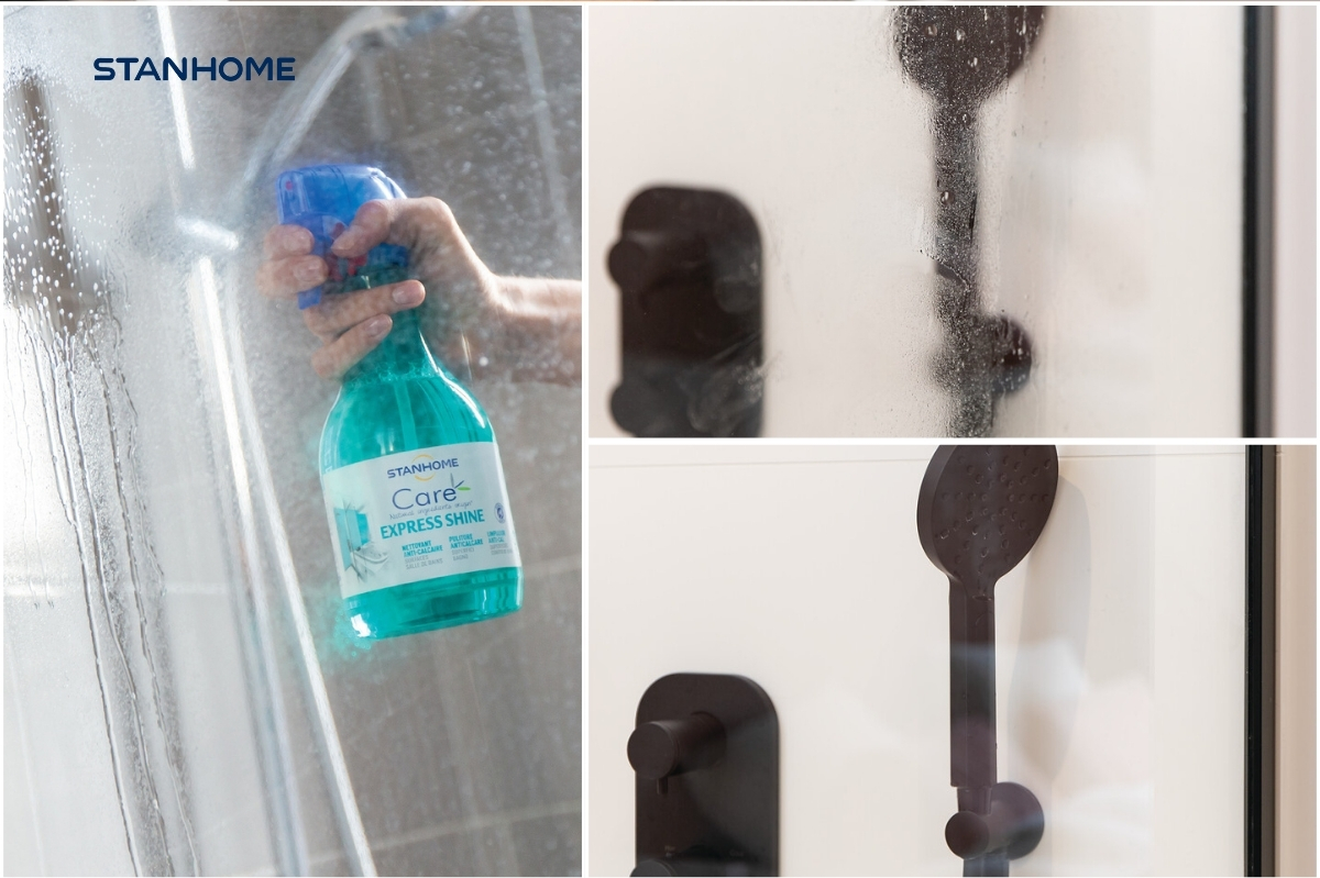 Sử dụng Xịt tẩy cặn canxi Stanhome Express Shine Care để loại bỏ mảng bám nước cứng định kỳ và an toàn cho gia đình có cơ địa da nhạy cảm