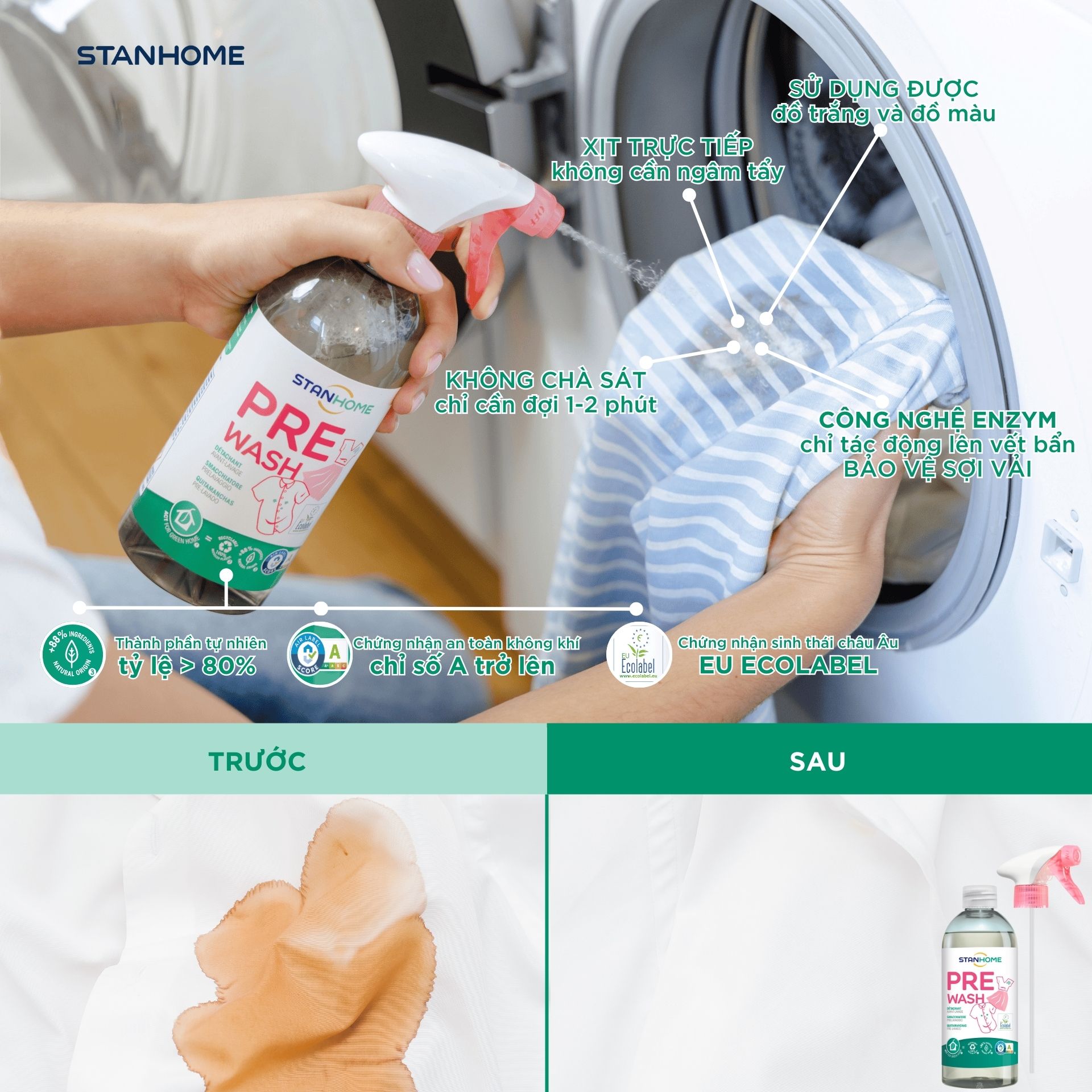 Tẩy trắng quần áo bằng Xịt tẩy quần áo không ngâm Stanhome Pre Wash