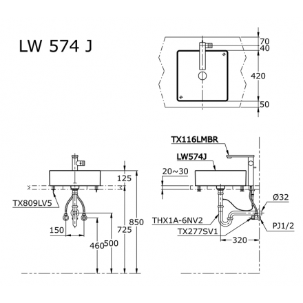 Bản vẽ kỹ thuật chậu rửa TOTO LW574JW/F đặt bàn