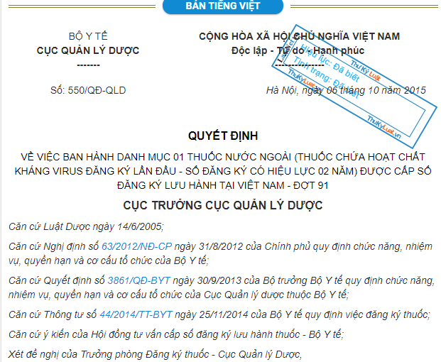 QUYẾT ĐỊNH 550/QĐ-QLD NĂM 2015 VỀ DANH MỤC 01 THUỐC NƯỚC NGOÀI (THUỐC CHỨA HOẠT CHẤT KHÁNG VIRUS ĐĂNG KÝ LẦN ĐẦU