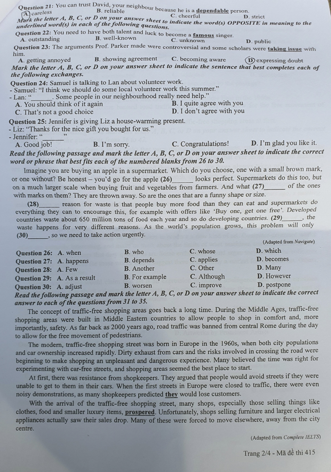Đề thi môn tiếng Anh mã 405- 2/4