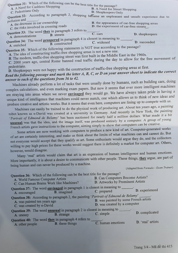 Đề thi môn tiếng Anh mã 405- 3/4