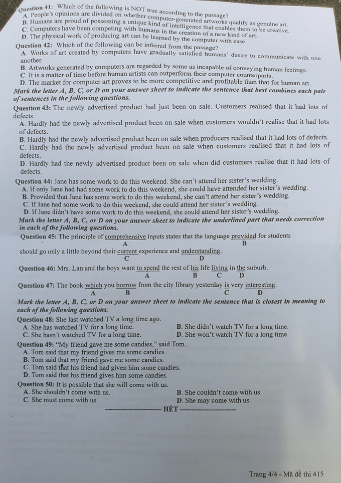 Đề thi môn tiếng Anh mã 405- 4/4