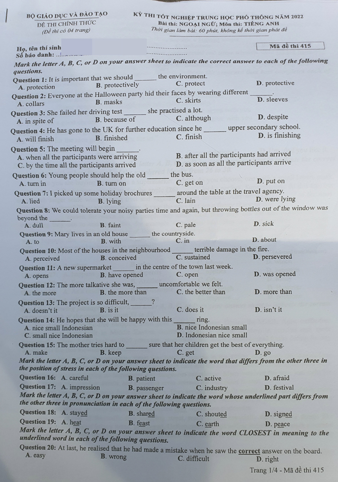 Đề thi môn tiếng Anh mã 405- 1/4