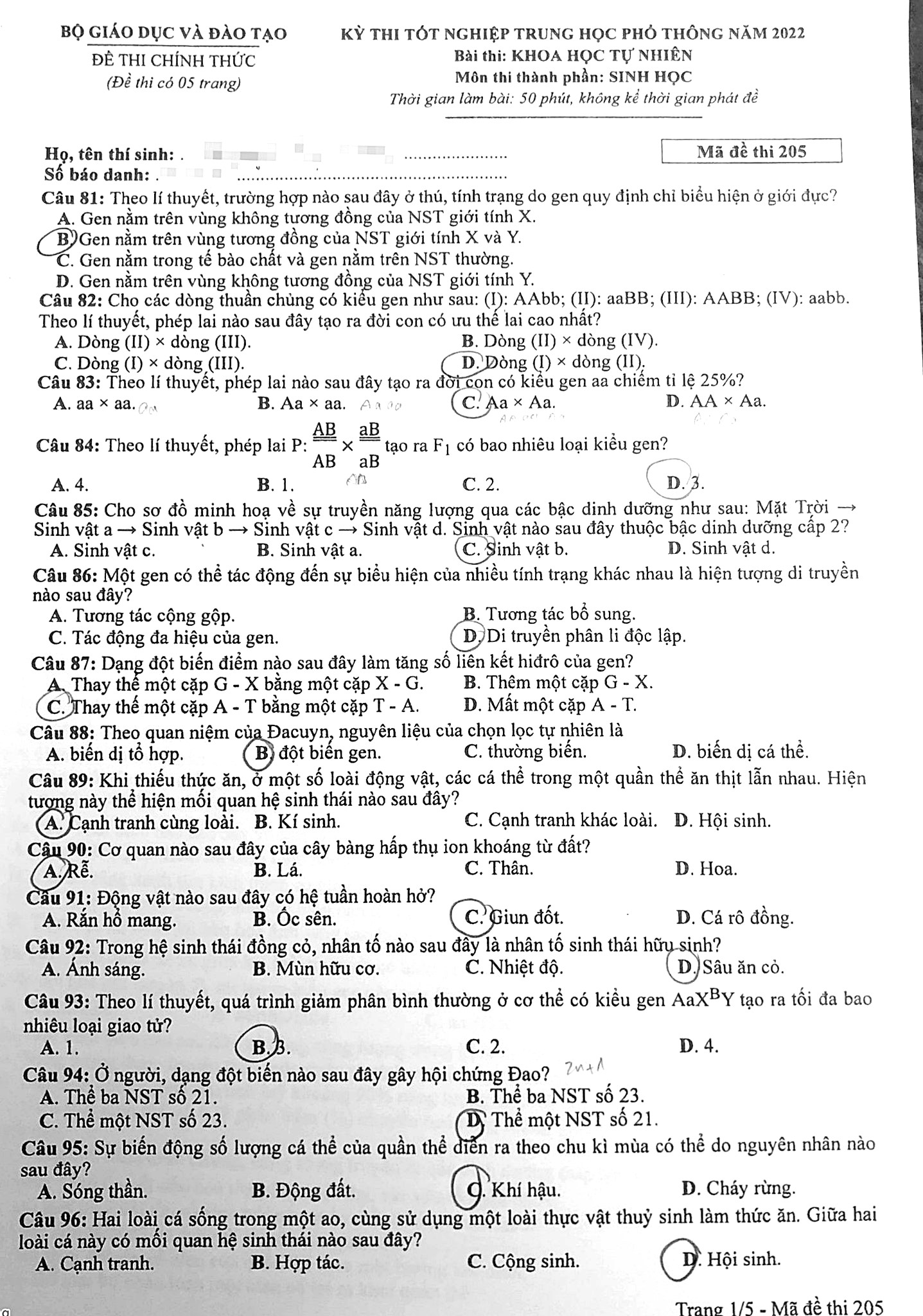 Đề thi THPT môn Sinh (mã 205) - trang 1