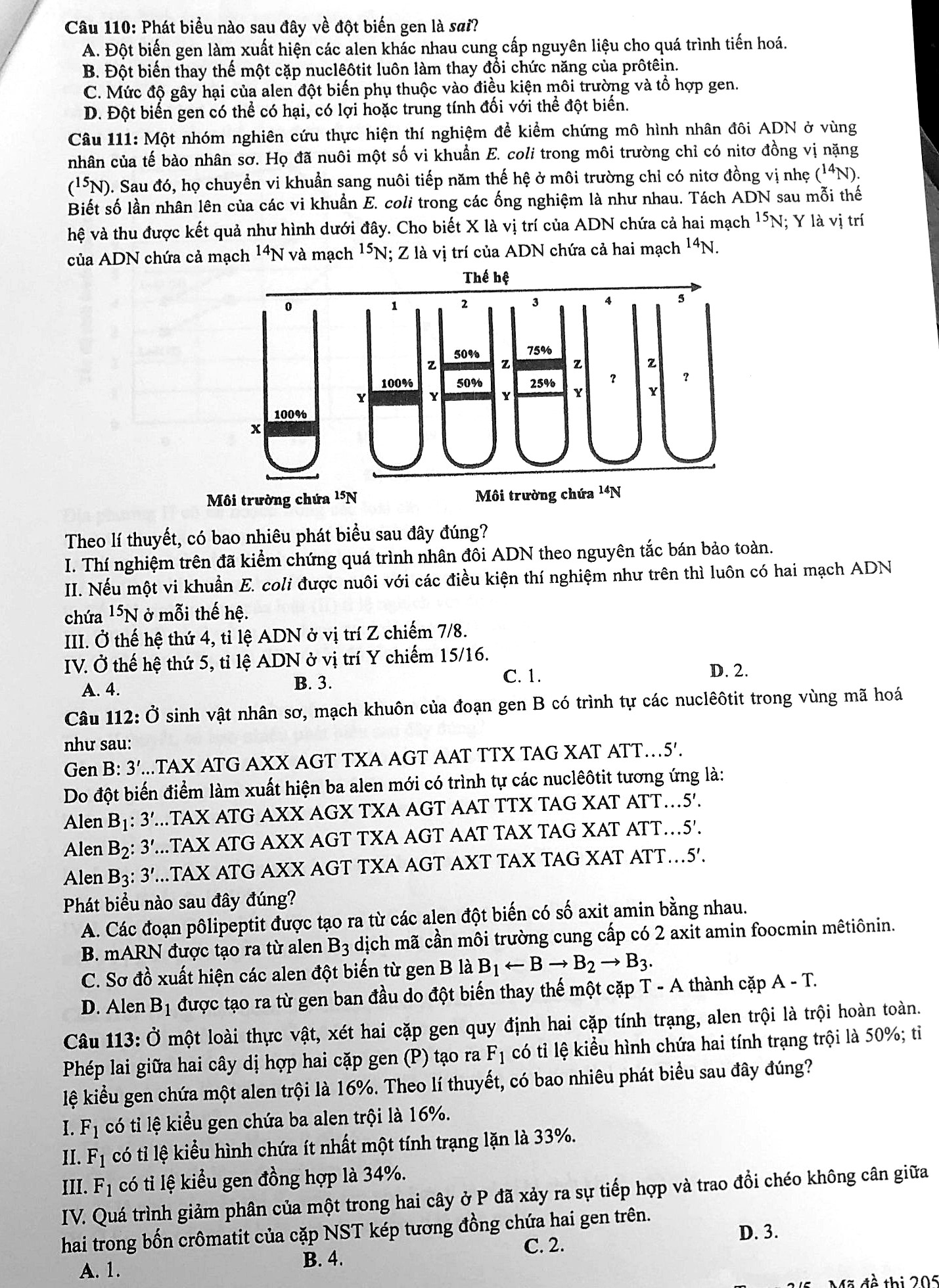 Đề thi THPT môn Sinh (mã 205) - trang 3