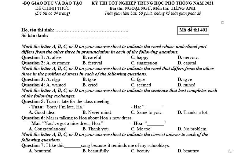 Đề thi môn tiếng Anh 2021