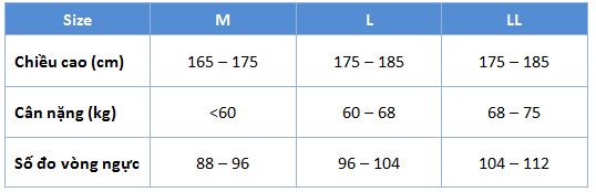 bảng size áo giữ nhiệt nam Gunze