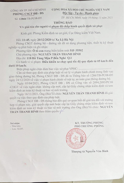 Thông báo đã nộp phạt nguội